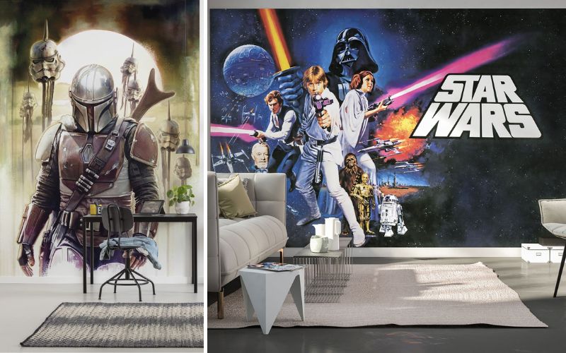 Star Wars by Komar Fototapeten: links eine Sci-Fi-Wandtapete mit gepanzertem Charakter in Rüstung im Arbeitsbereich, rechts eine großformatige Star-Wars-Collage mit Helden, Raumschiffen und Logo im Wohnzimmer
